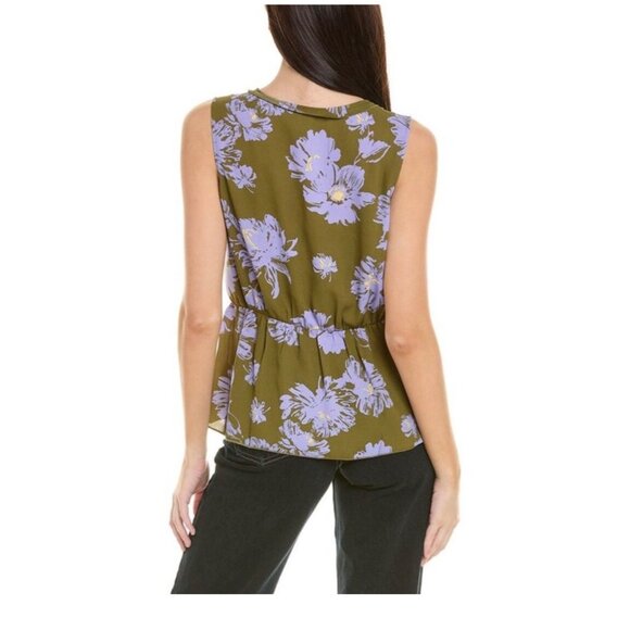CABI Celebrity Floral Print V-Neck Sleeveless Peplum Top in Olive Green, Lavand - Picture 3 of 13